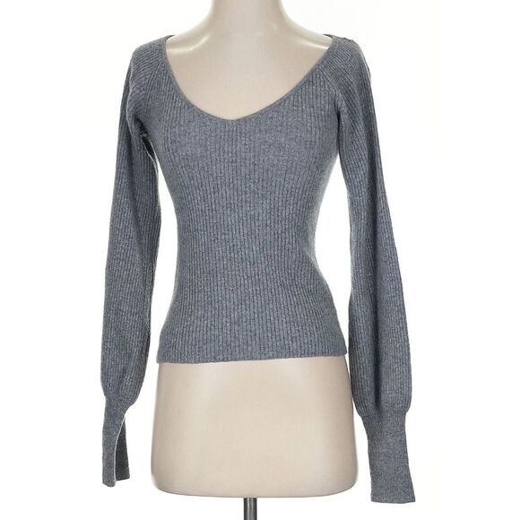 Reformation Hart 100% Cashmere Grey ribbed Low cut balloon sleeve sweater small - Picture 1 of 6
